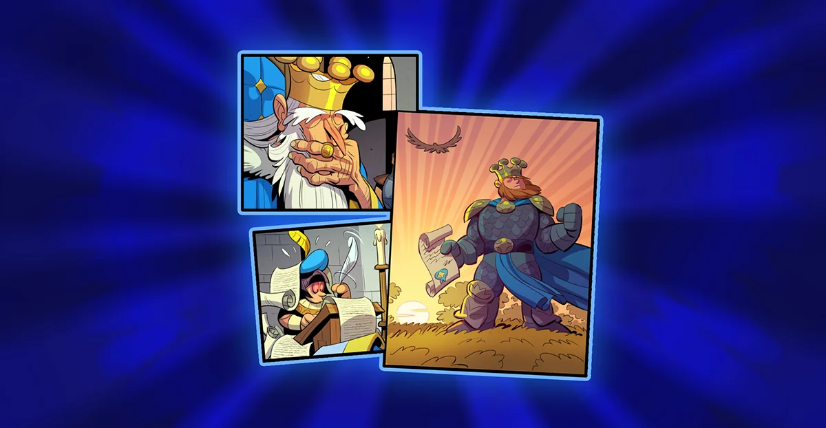 Three illustrated panels show a king reading a letter, a scribe writing, and an armored figure holding a sheet of paper