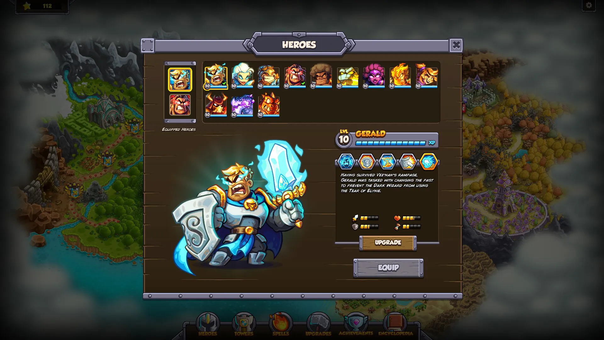 The hero screen: a grid of hero portraits beside a large Gerald portrait with his level, stats and an Upgrade button