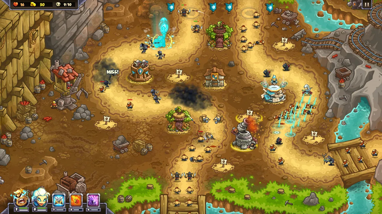 A stage in a mining canyon: towers along a dirt path, with the gold and lives counters in the top-left corner