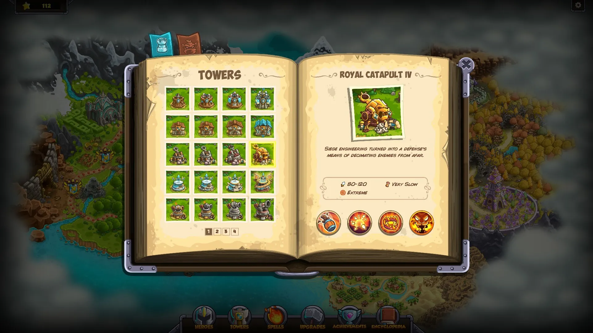 The tower book, open on a grid of fifteen tower icons with Royal Catapult IV described on the right page