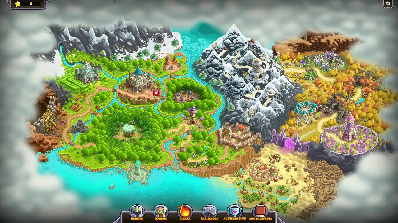 The campaign world map: green forest, snowy mountains, autumn woods and a sandy coast, with cloud around the edges